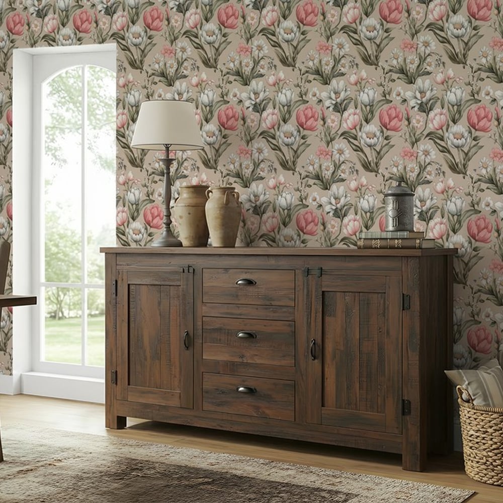 Adriana Beige - Papiers peints - Beige - Salon - Floral - Scandza - Intissé