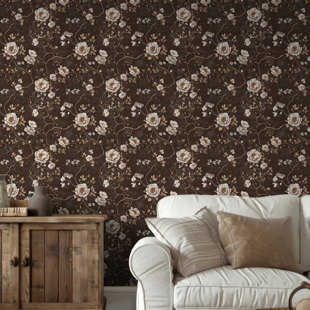 Arielle Dark Brown - Papiers peints - Marron - Salon - Floral - Scandza - Intissé