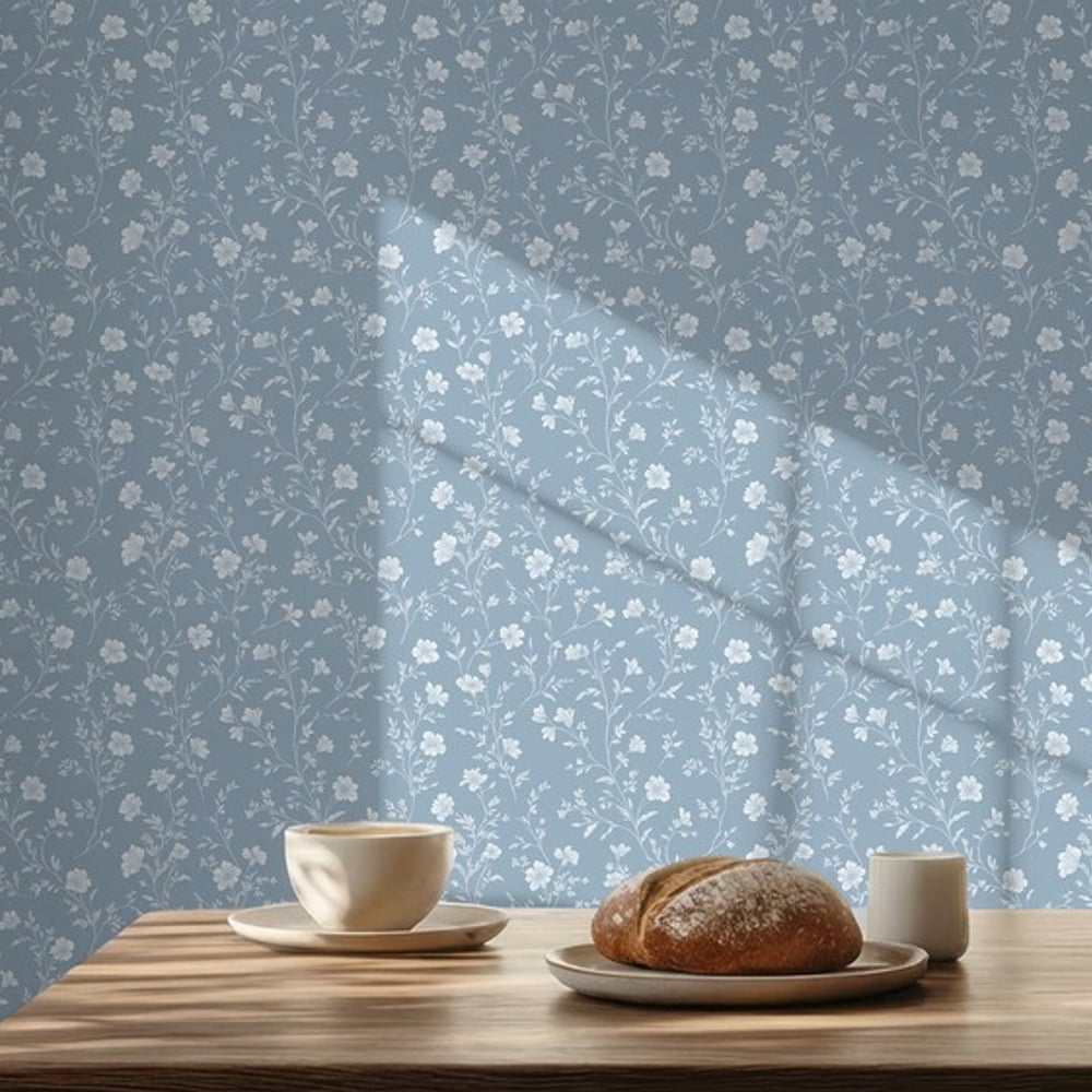 Emelina Blue - Papiers peints - Bleu - Chambre - Floral - Scandza - Intissé