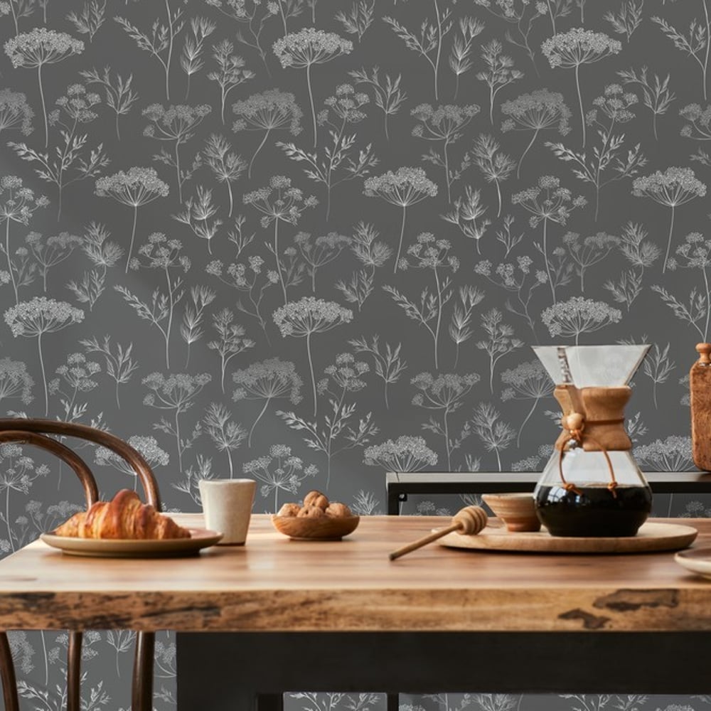 Jolina Grey - Papiers peints - Gris - Cuisine - Floral - Scandza - Intissé