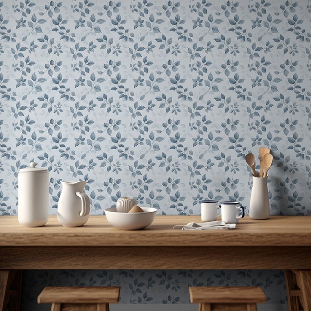 Arnold Blue - Papiers peints - Bleu - Chambre - Feuille - Scandza - Intissé