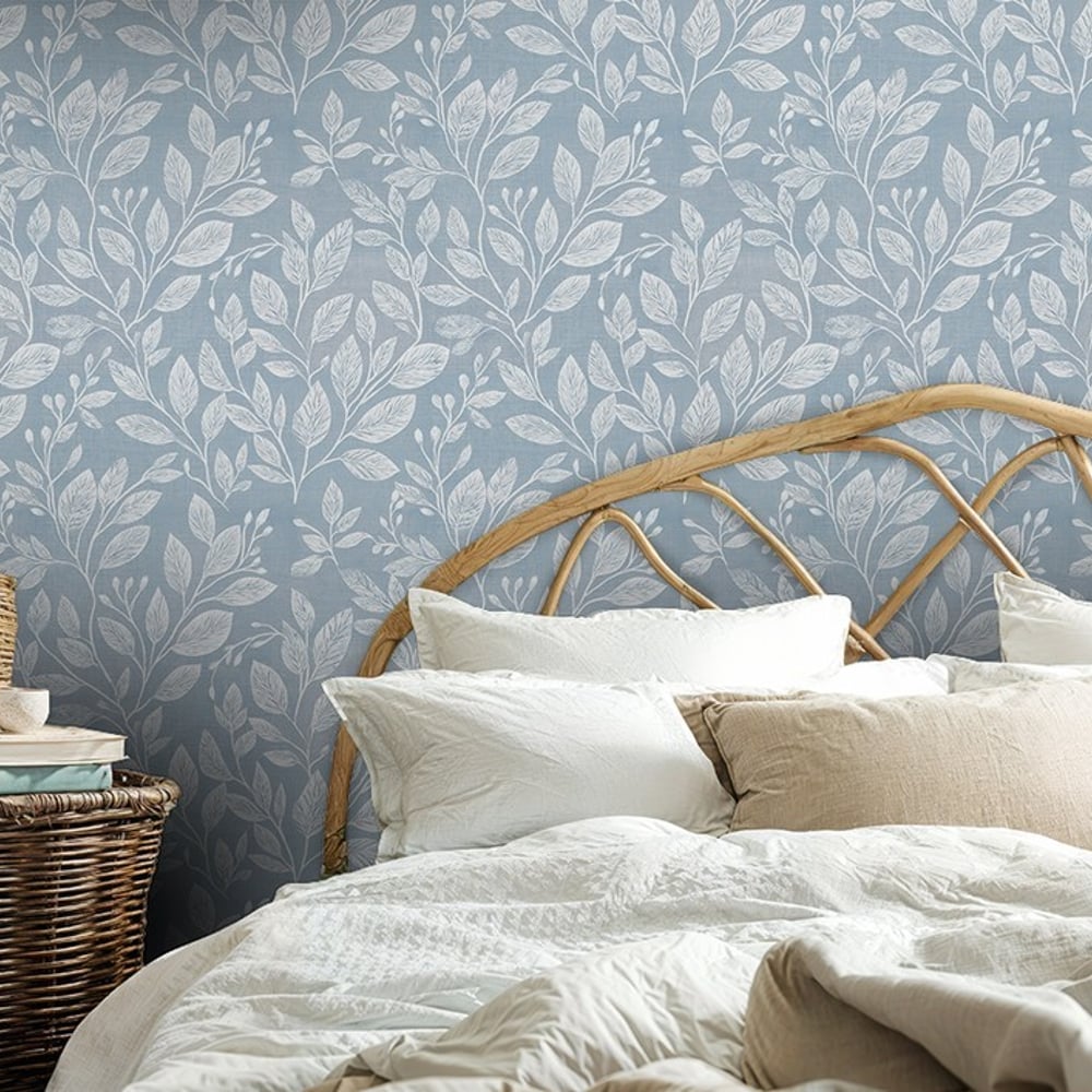 Leif Blue - Papiers peints - Bleu - Chambre - Feuille - Scandza - Intissé