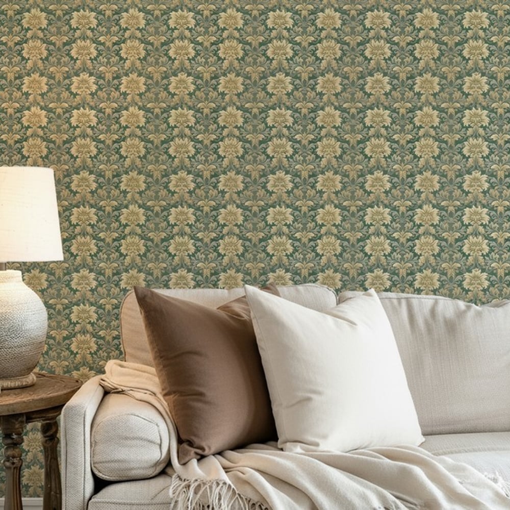 Leonora Dark Green - Papiers peints - Vert - Salon - Floral - Palette - Intissé