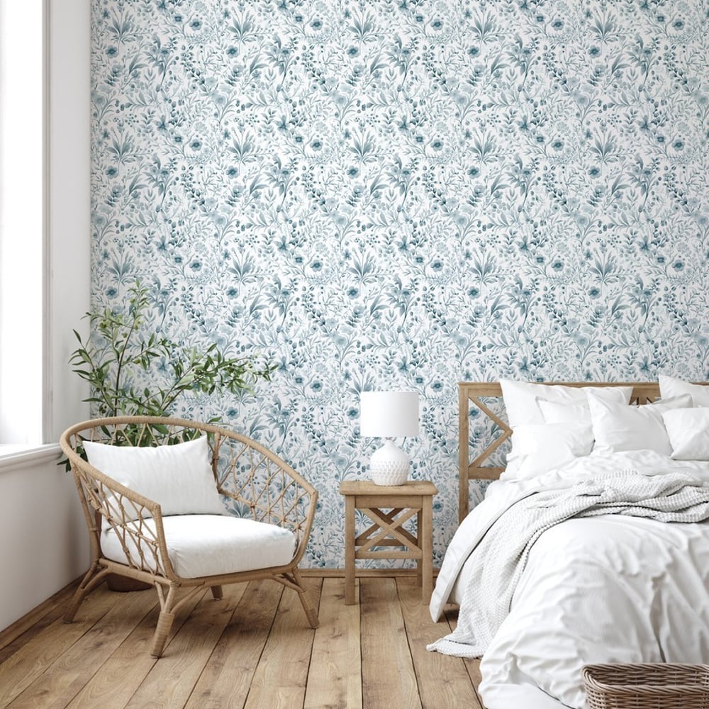 Heike Blue - Papiers peints - Bleu - Chambre - Floral - Palette - Intissé