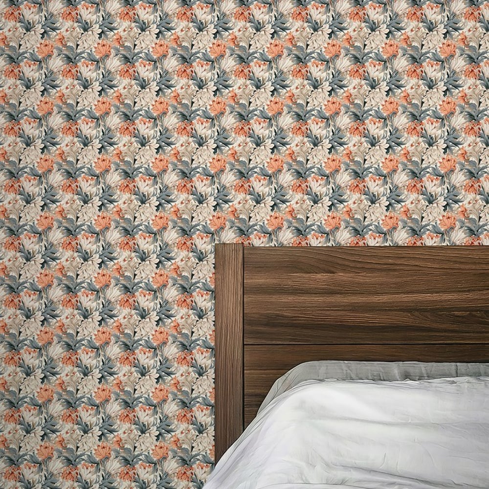Karin Blue Orange miniature - Papiers peints - Orange - Chambre - Floral - Palette - Intissé