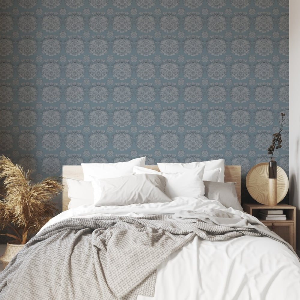Damask in Blue - Papiers peints - Bleu - Chambre - Floral - Palette - Intissé