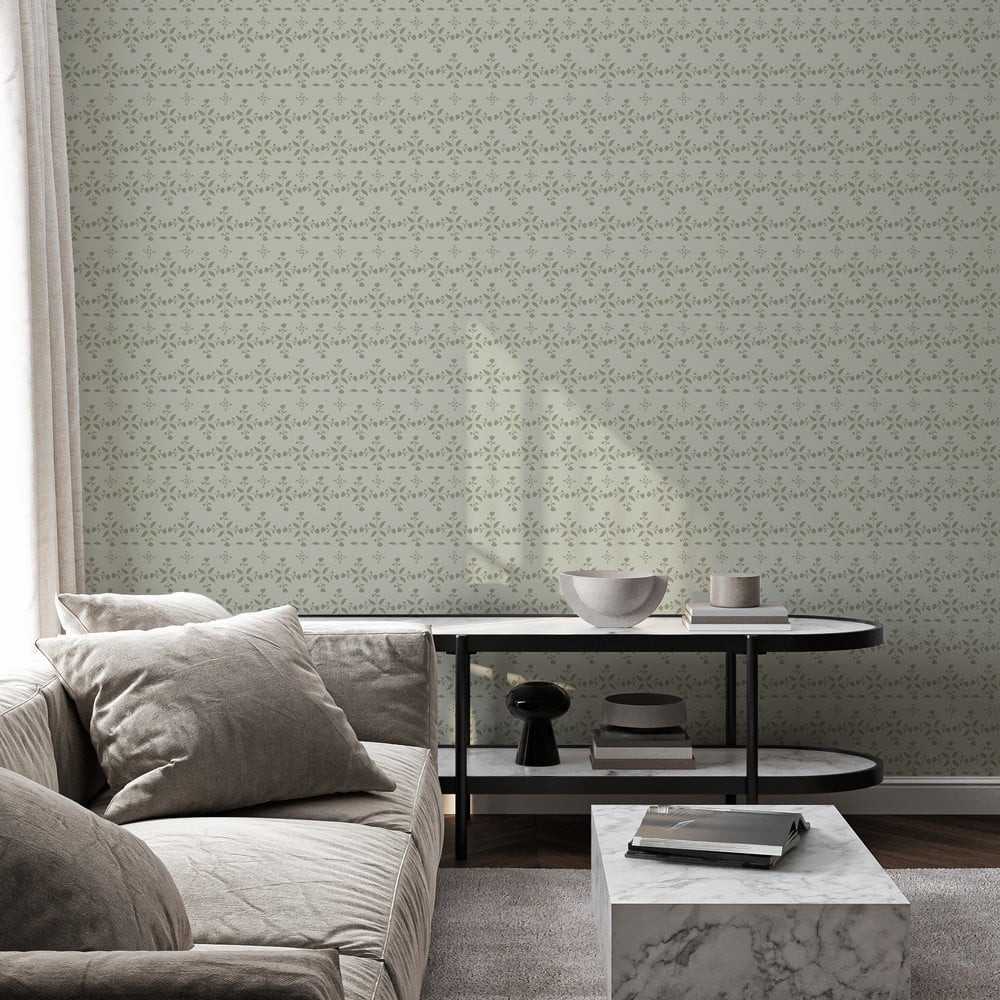 Leaves and round sprigs in Green - Papiers peints - Vert - Salon - Floral - Palette - Intissé