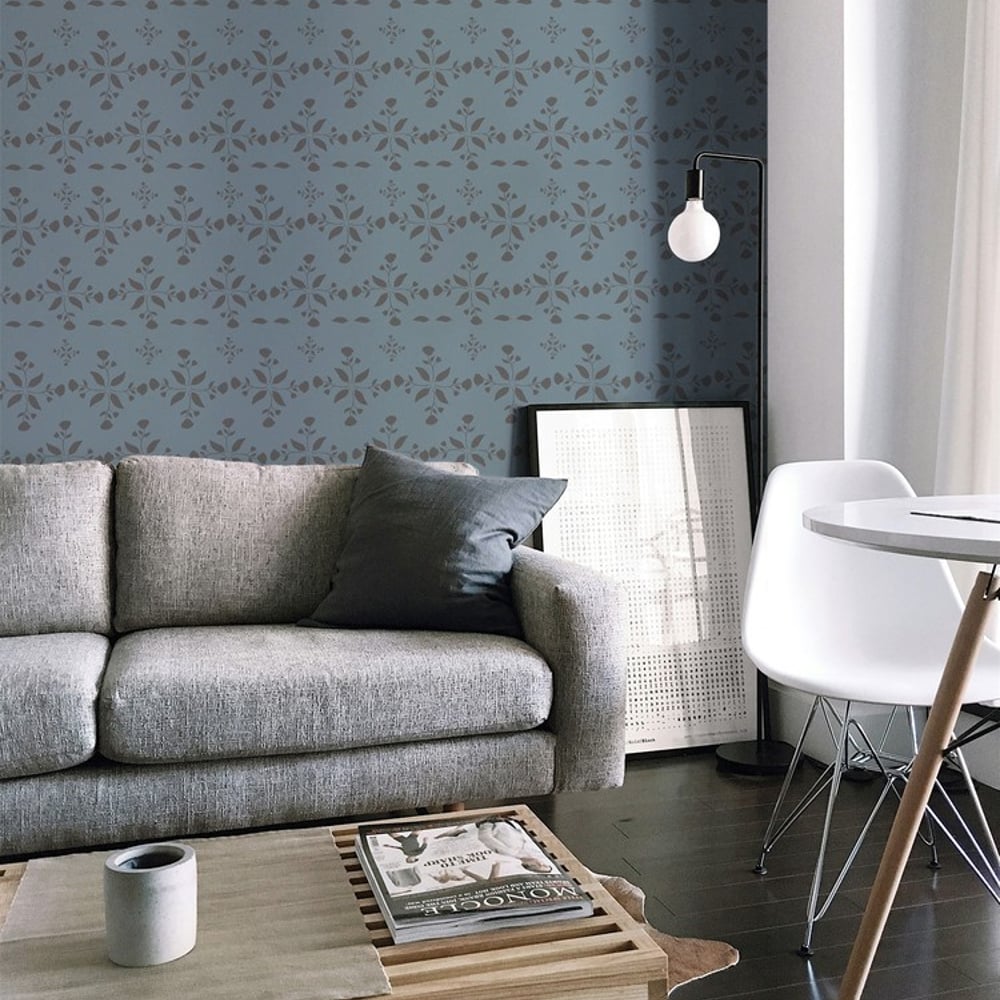 Leaves and round sprigs in Blue - Papiers peints - Bleu - Salon - Floral - Palette - Intissé
