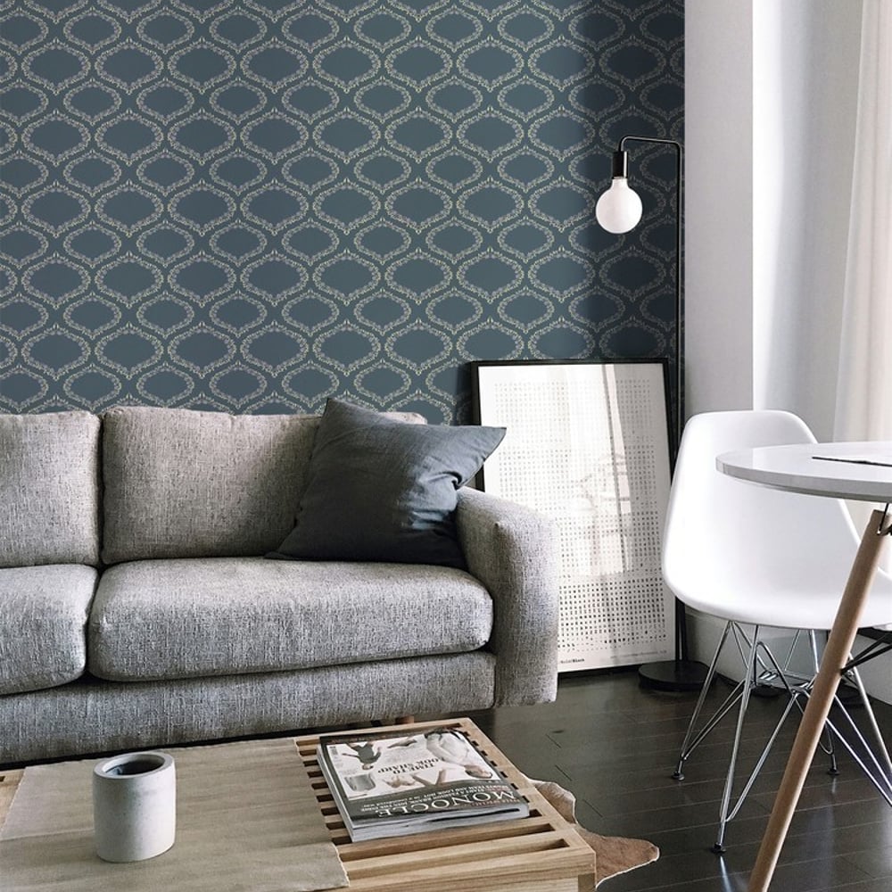 Ogee and Roses in Blue - Papiers peints - Bleu - Salon - Floral - Palette - Intissé