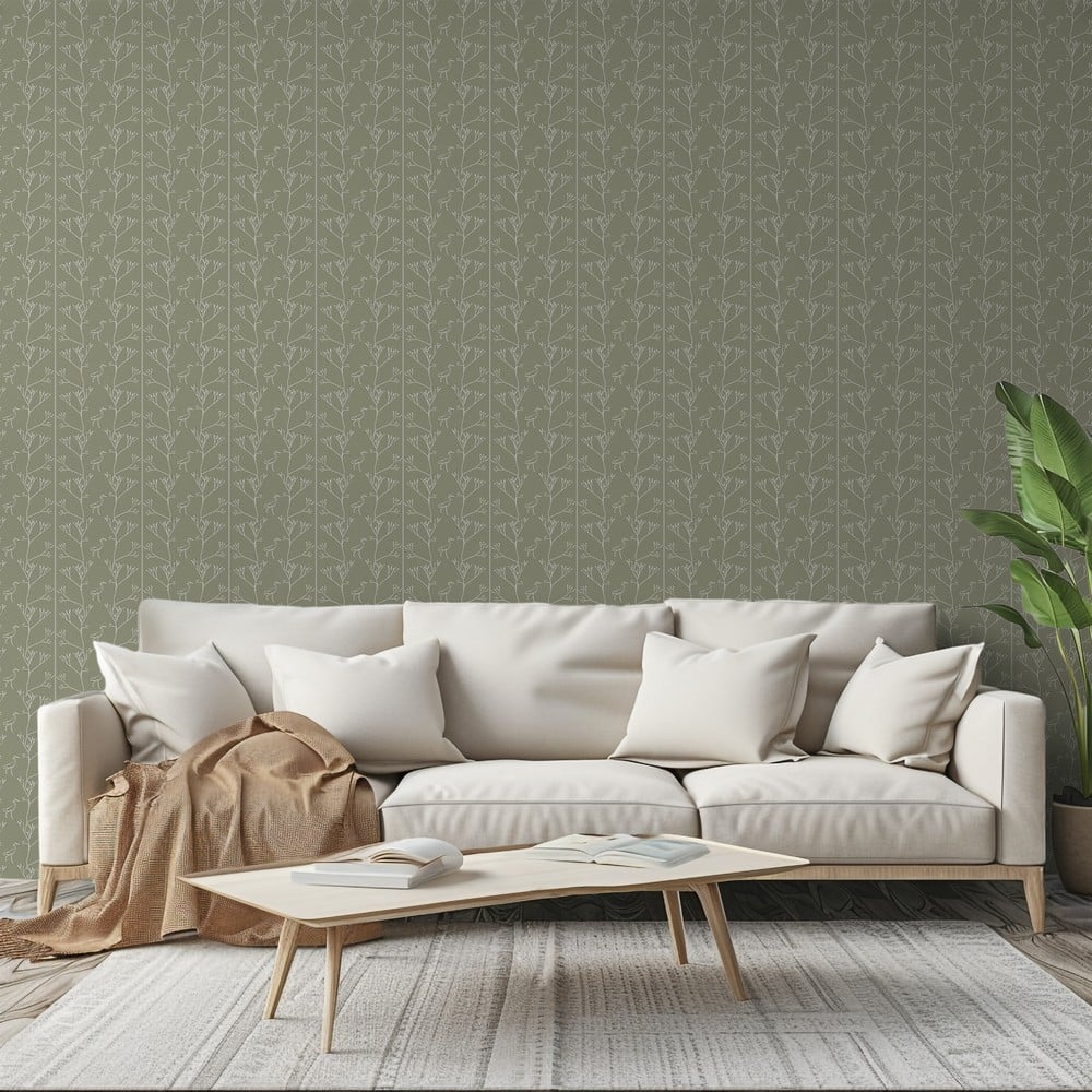 Twigs and Heron in Olive - Papiers peints - Vert - Salon - Floral - Palette - Intissé