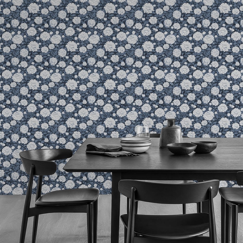 Hildegard Blue - Papiers peints - Bleu - Cuisine - Floral - Palette - Intissé