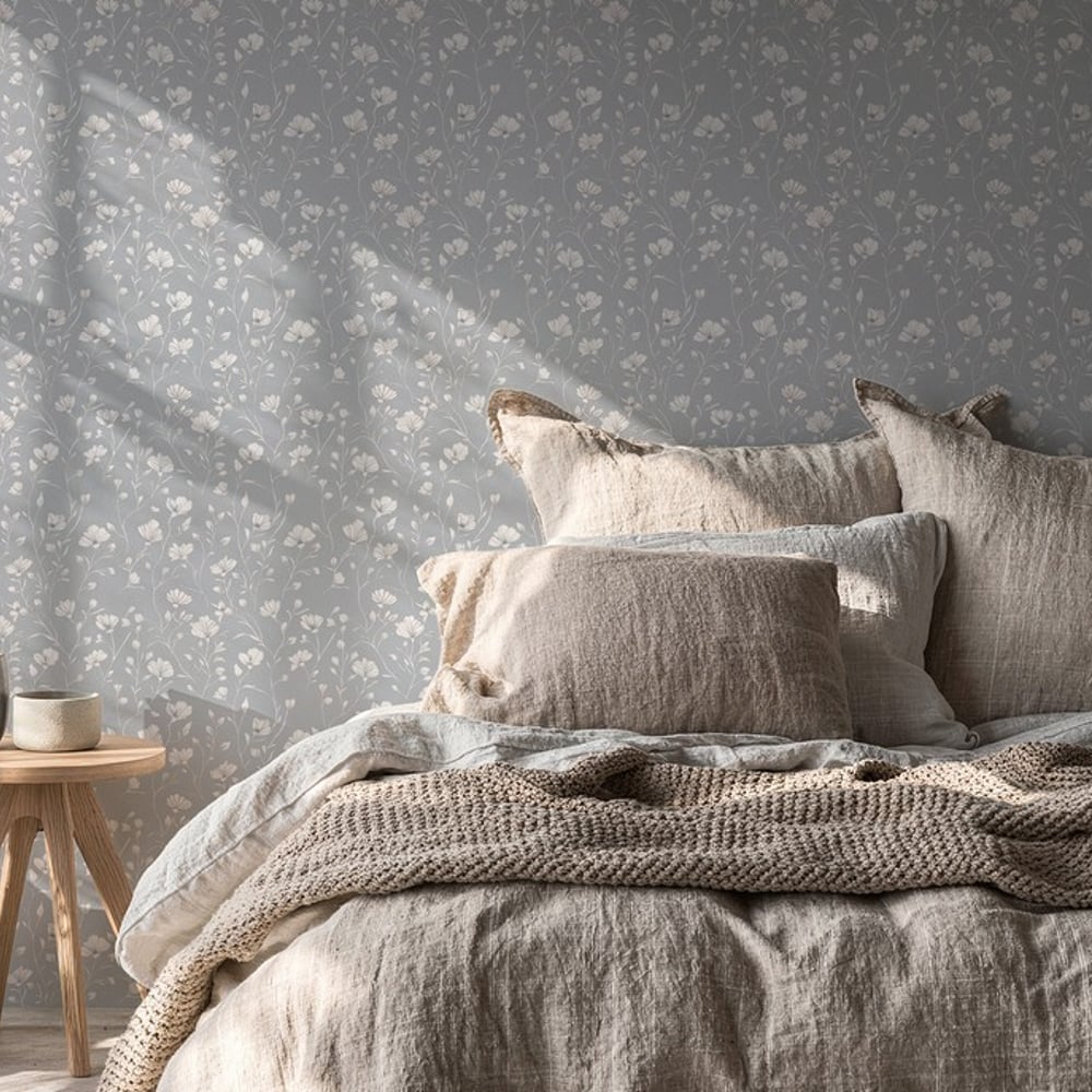 Meja Grey - Papiers peints - Gris - Chambre - Floral - Palette - Intissé