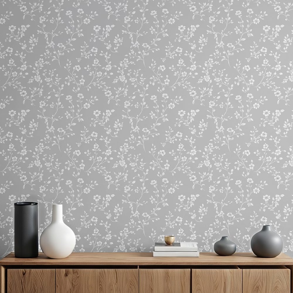 Tova Grey - Papiers peints - Gris - Salon - Floral - Palette - Intissé