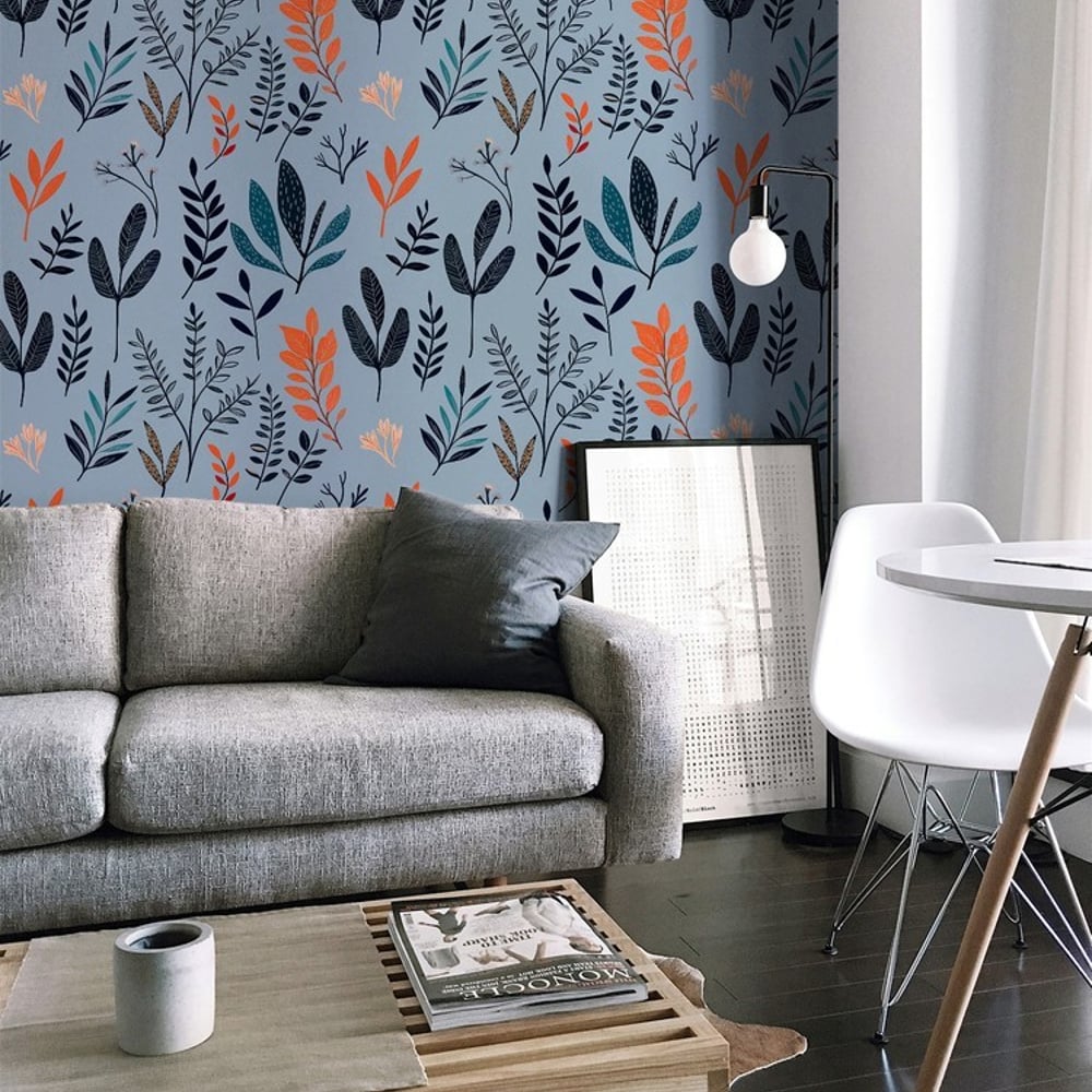 Jessica Dark Blue - Papiers peints - Bleu - Salon - Feuille - Palette - Intissé
