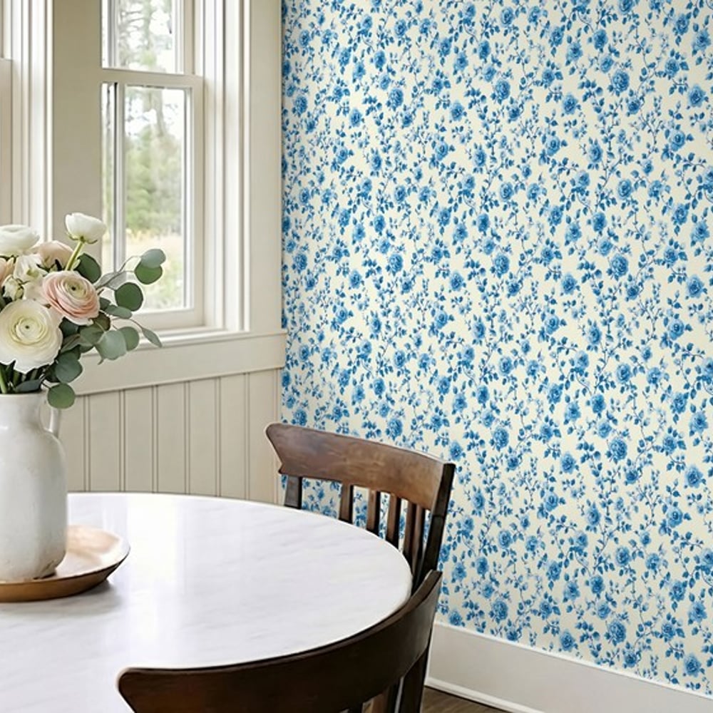 Laila Blue - Papiers peints - Bleu - Cuisine - Floral - Palette - Intissé