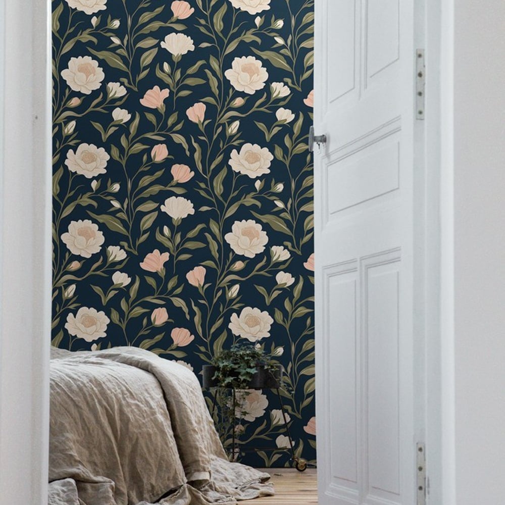 Martina Blue - Papiers peints - Bleu - Chambre - Floral - Palette - Intissé