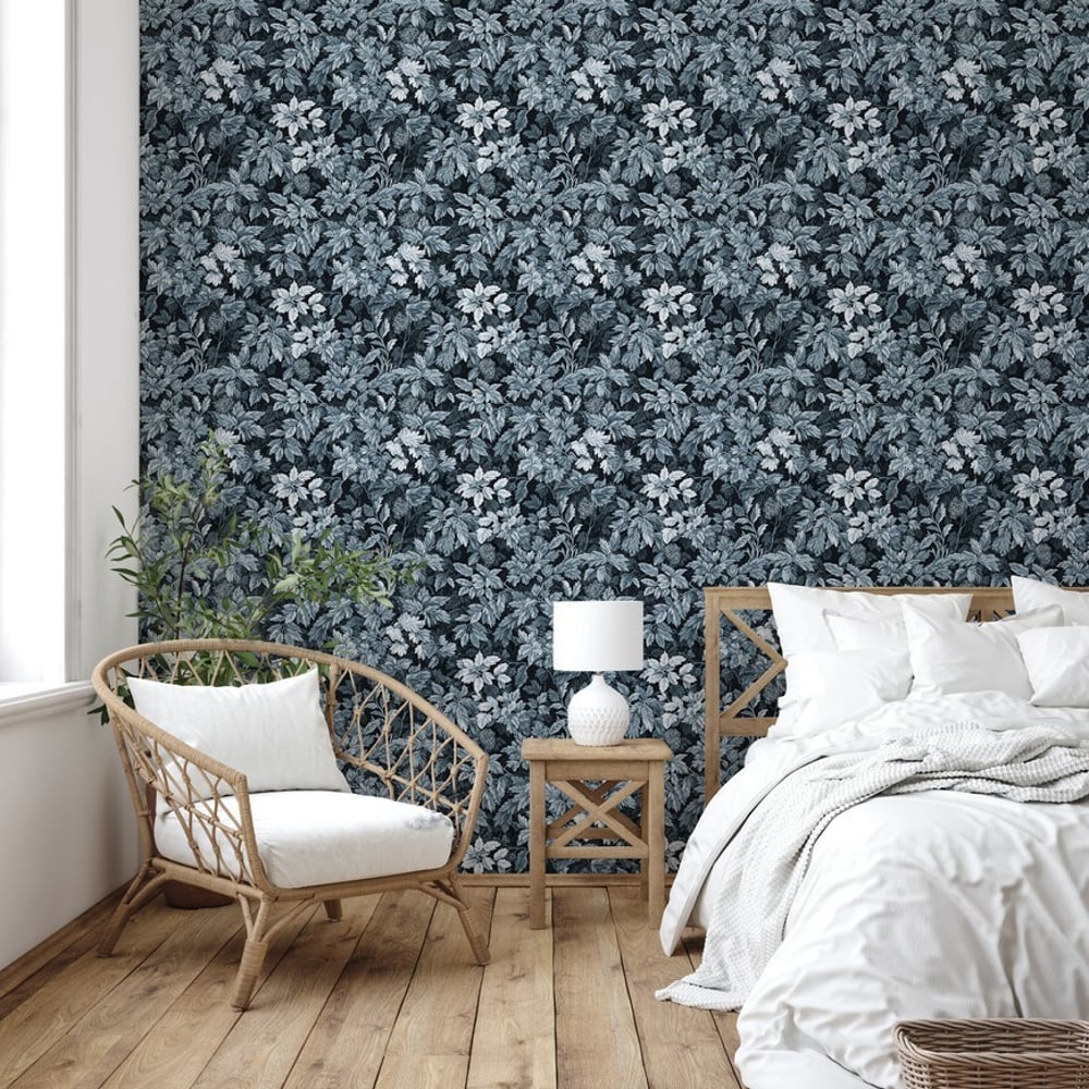 Cornelius Blue - Papiers peints - Bleu - Chambre - Feuille - Palette - Intissé