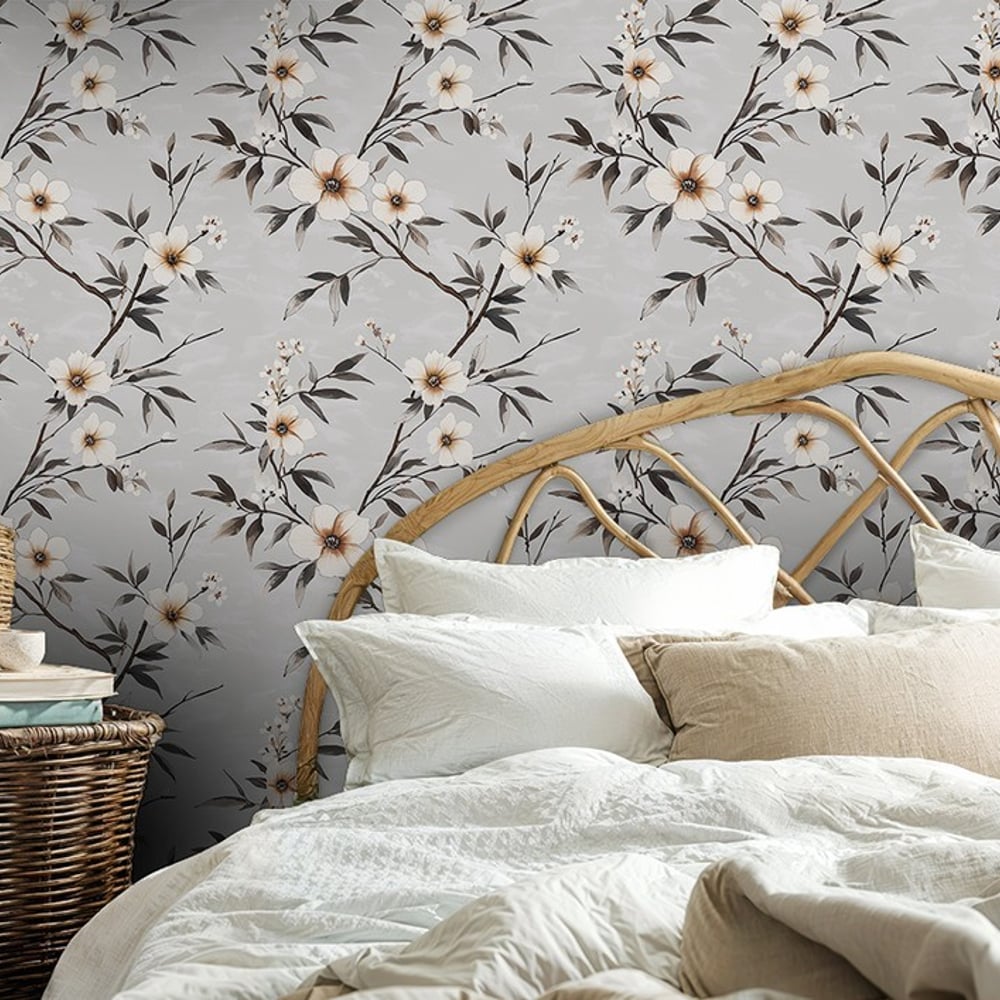 Denise Grey - Papiers peints - Gris - Chambre - Floral - Palette - Intissé