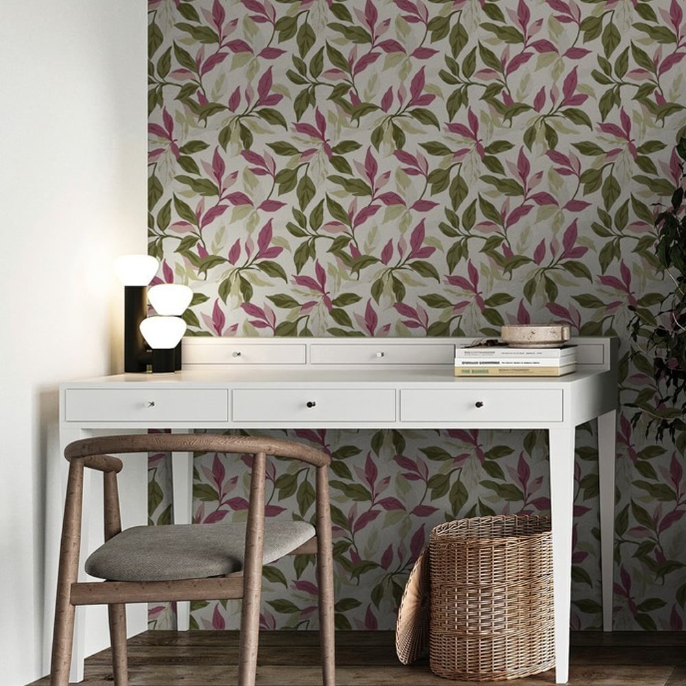 Olaus Pink - Papiers peints - Rose - Bureau - Feuille - Palette - Intissé