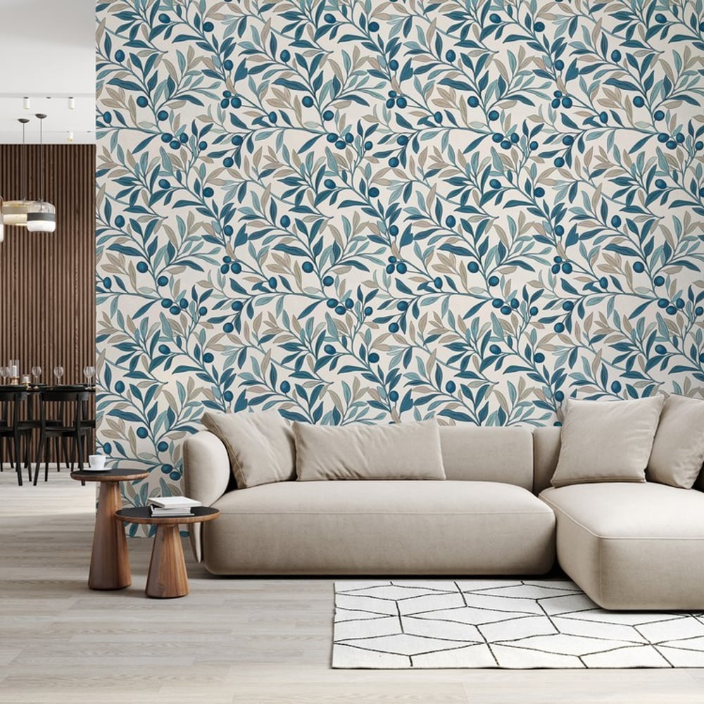 Janina Blue - Papiers peints - Bleu - Salon - Feuille - Palette - Intissé