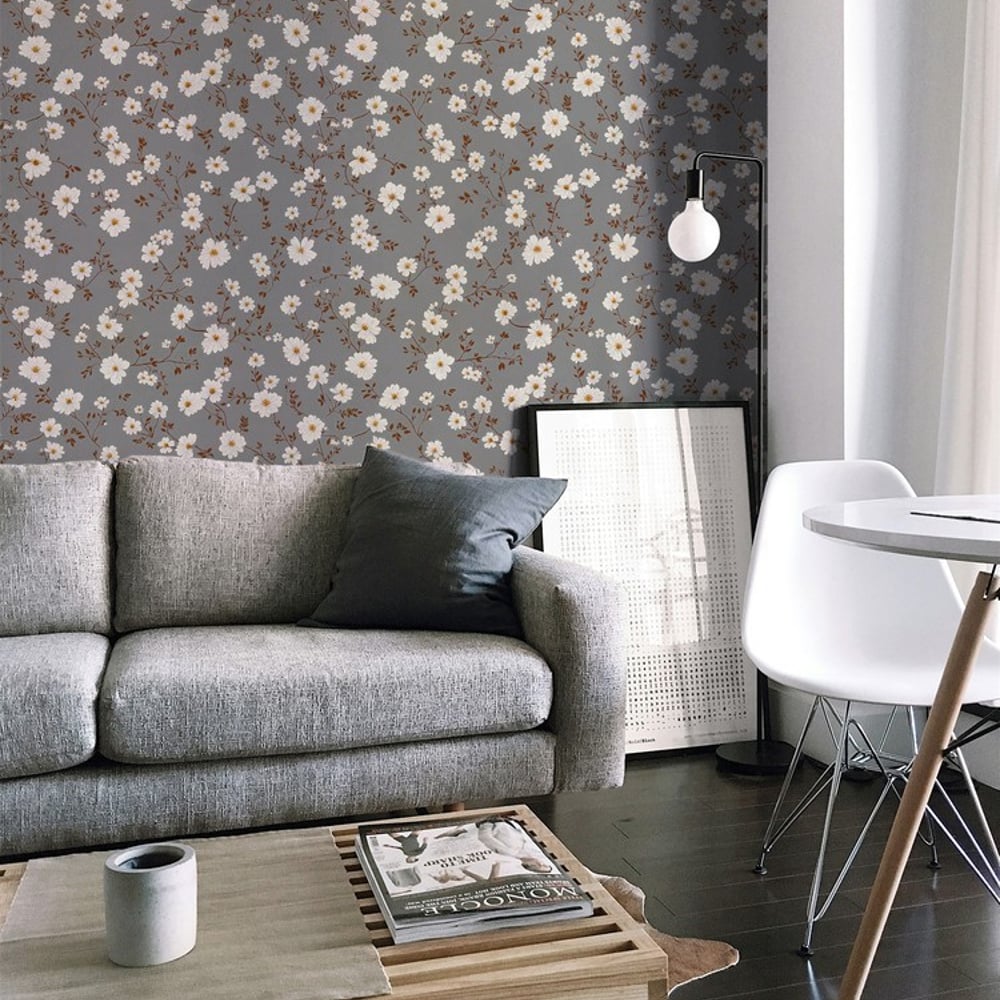 Meryl Grey - Papiers peints - Gris - Salon - Floral - Palette - Intissé