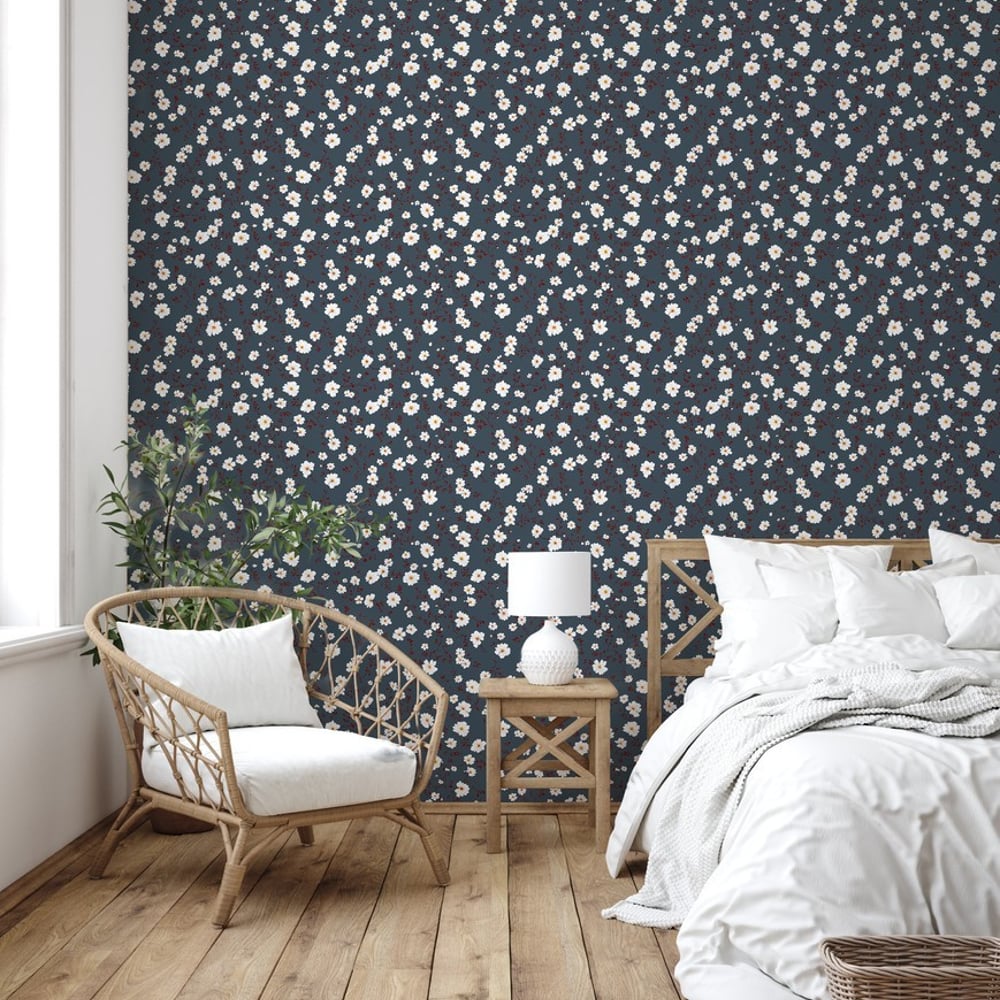 Meryl Blue - Papiers peints - Bleu - Chambre - Floral - Palette - Intissé