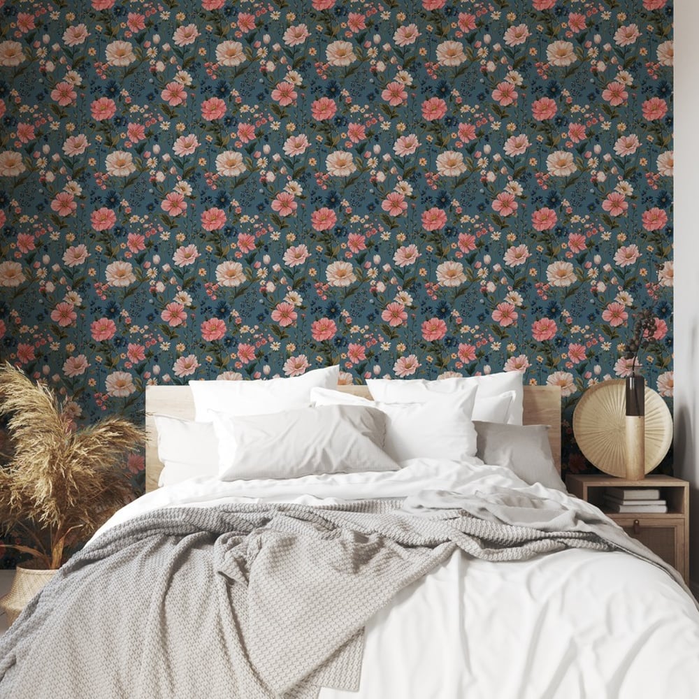 Soila Blue - Papiers peints - Bleu - Chambre - Floral - Palette - Intissé