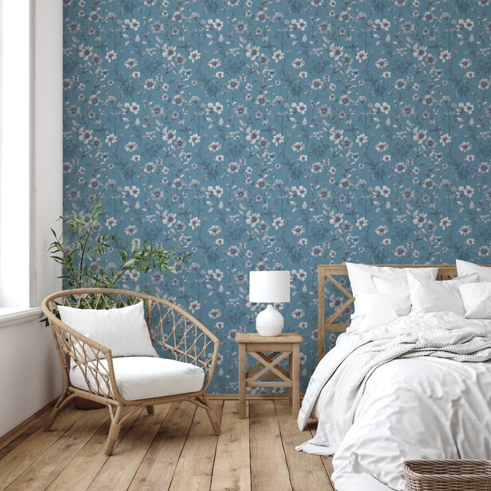 Pauline Blue - Papiers peints - Bleu - Chambre - Floral - Palette - Intissé
