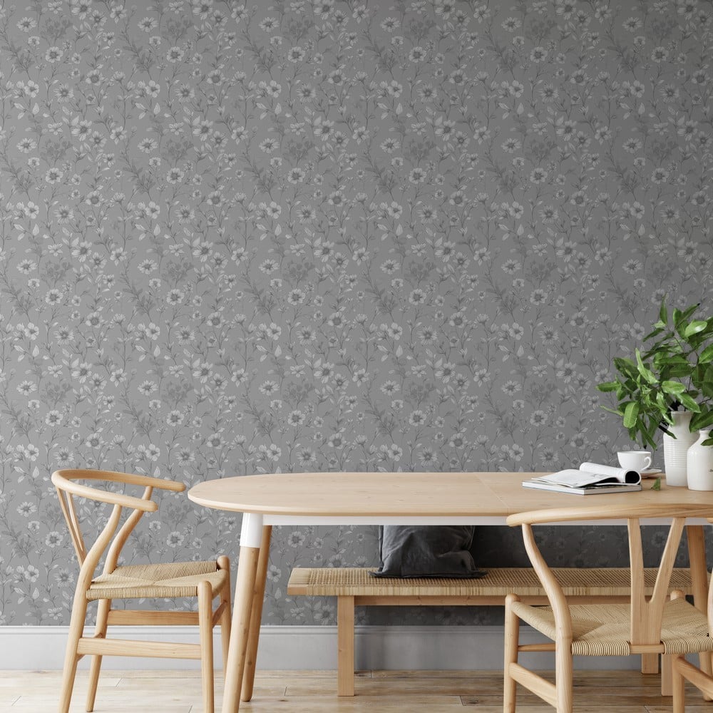 Pauline Grey - Papiers peints - Gris - Cuisine - Floral - Palette - Intissé