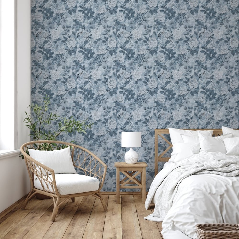 Ritva Blue - Papiers peints - Bleu - Chambre - Floral - Palette - Intissé