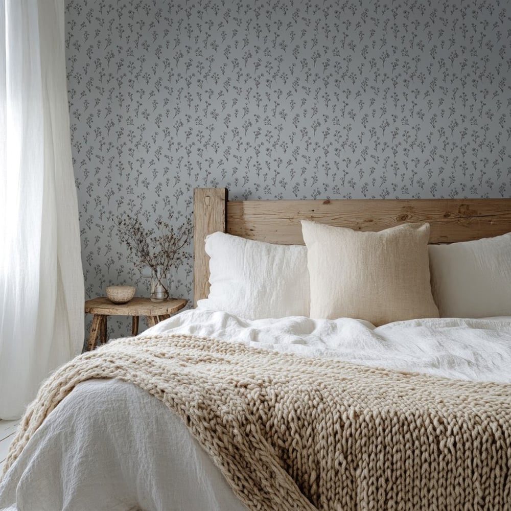 Vilde Grey - Papiers peints - Gris - Chambre - Floral - Palette - Intissé