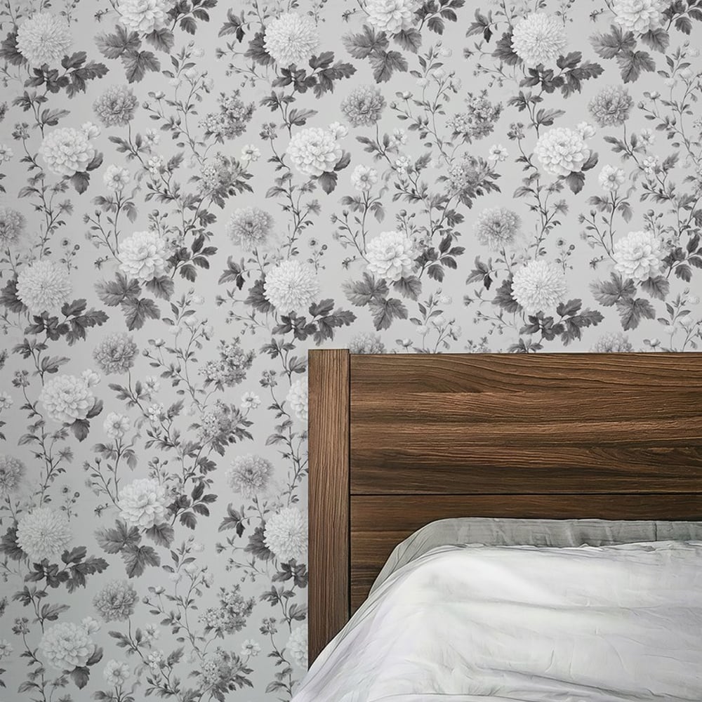 Hertha Grey - Papiers peints - Gris - Chambre - Floral - Palette - Intissé