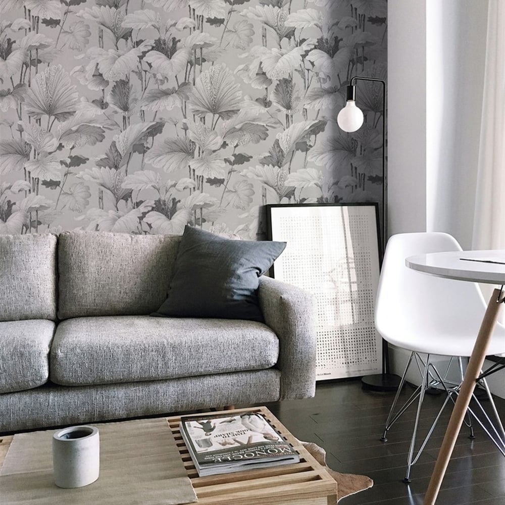 Simon Grey - Papiers peints - Gris - Salon - Feuille - Palette - Intissé