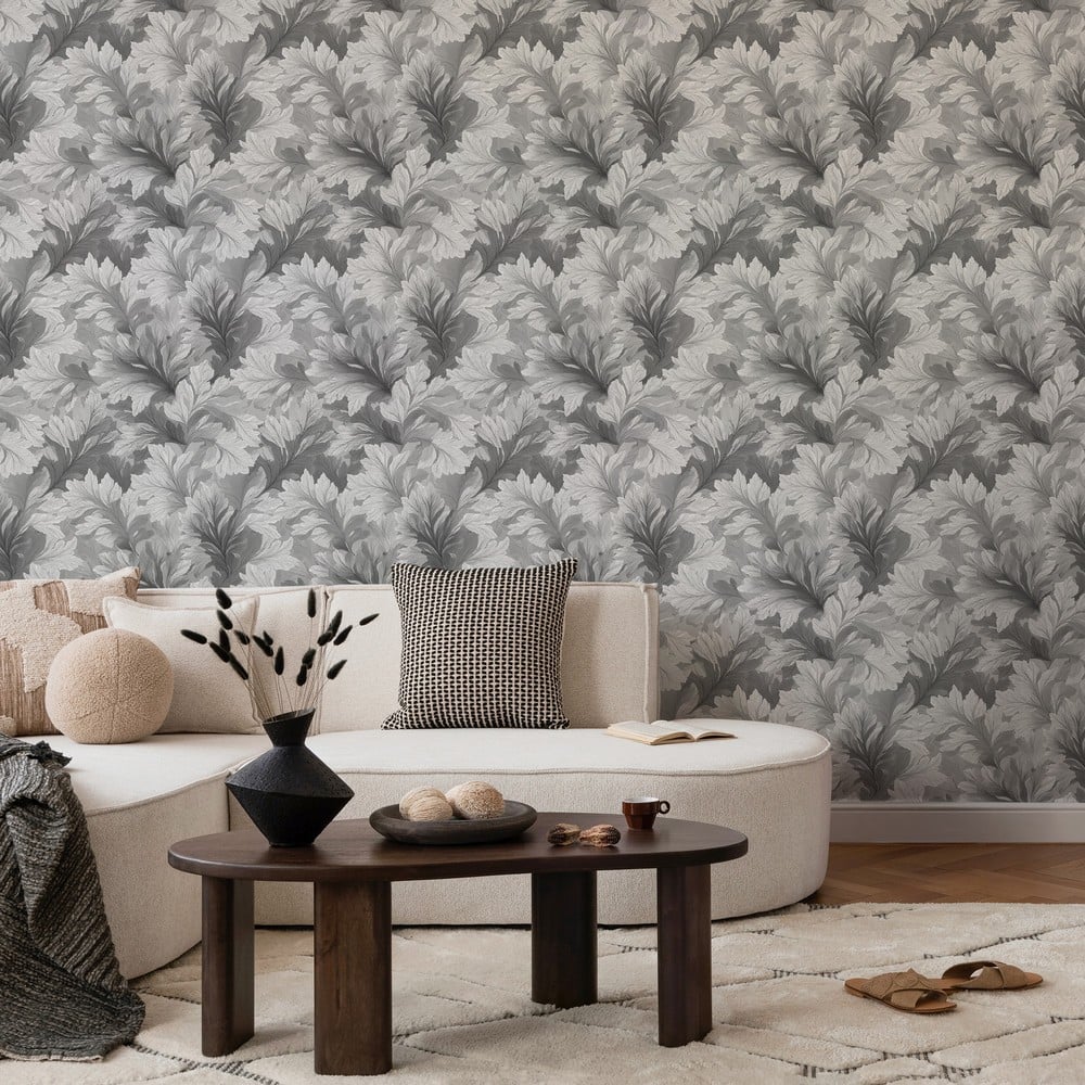 Egon Dark Grey - Papiers peints - Gris - Salon - Feuille - Wallpassion - Intissé