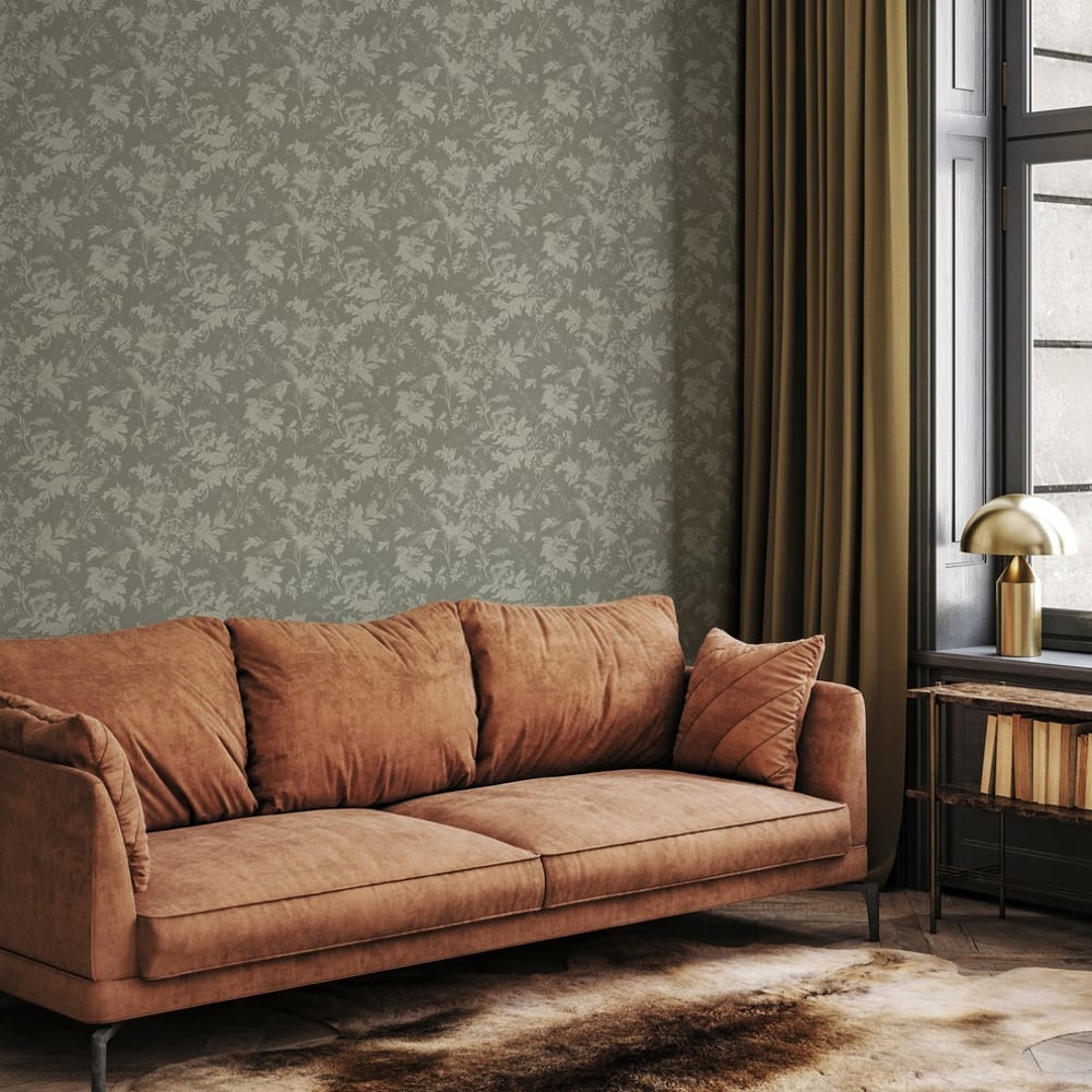 Alba Dusty Green - Tapet - Grøn - Stue - Blomstret - Wallpassion - Non-Woven