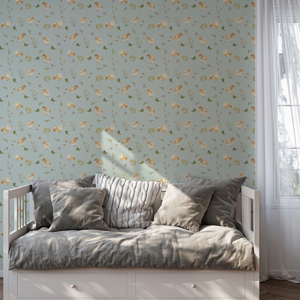 Chicken little story Soft Mint - Papiers peints - Vert - Chambre d’enfant - Oiseaux - Wallpassion -