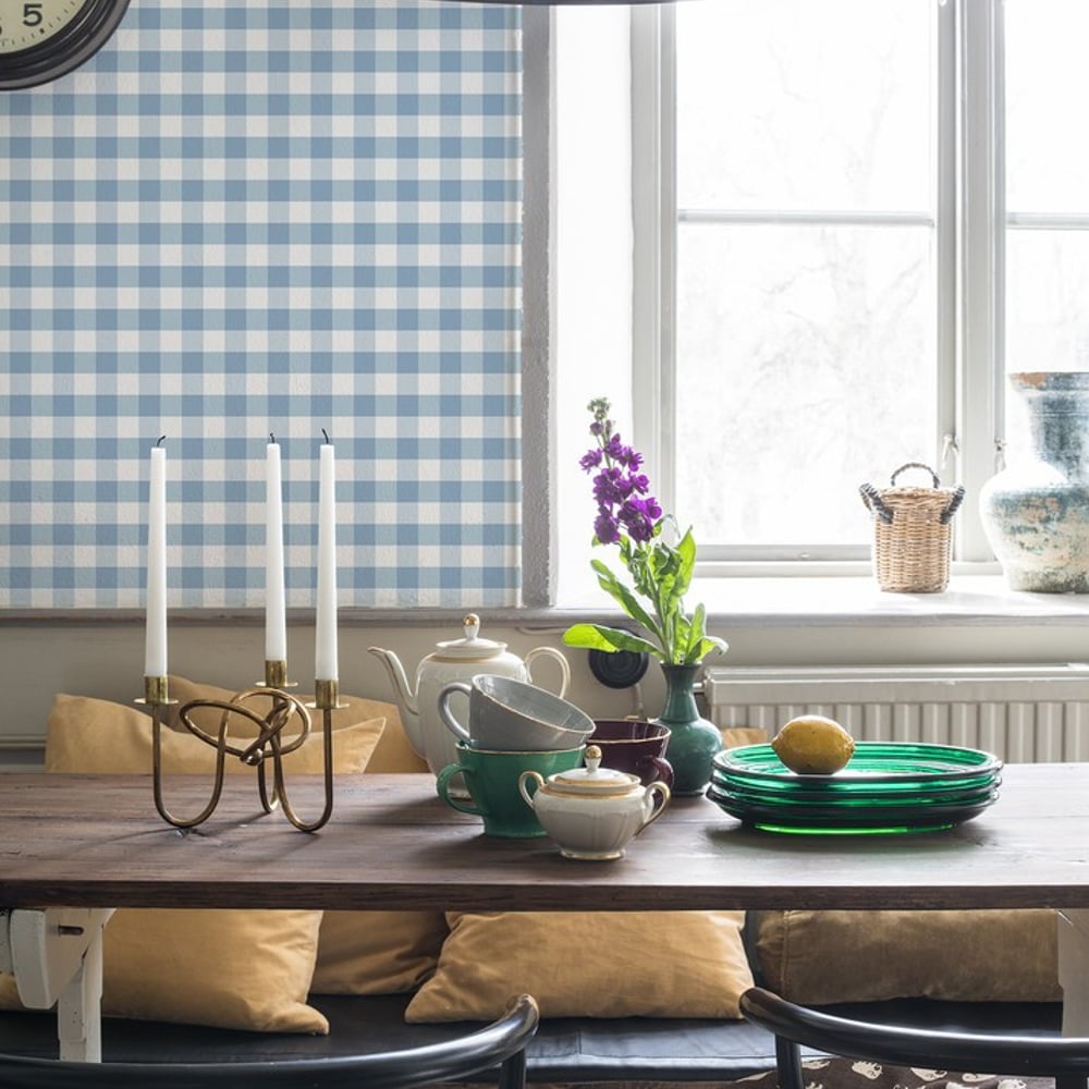 Checkered Denim Blue - Papiers peints - Bleu - Cuisine - À carreaux - Wallpassion - Intissé