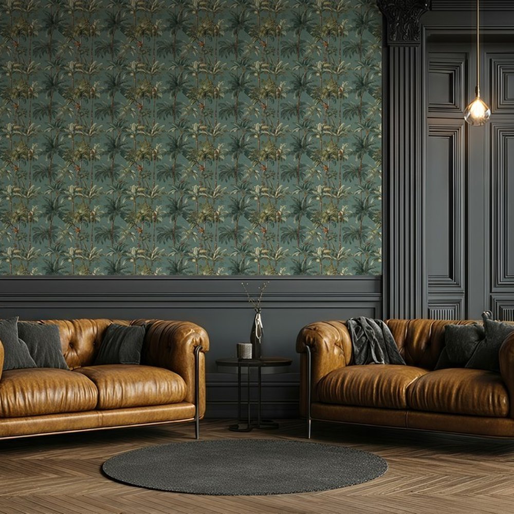 Isalo Green - Wallpaper - Green - Living room - Animal - Blue Monkey - Non-Woven