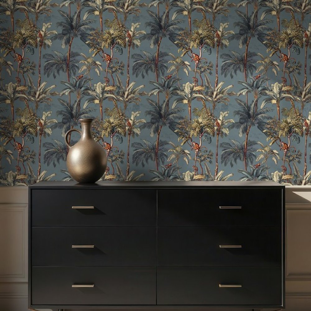 Isalo Blue - Wallpaper - Blue - Hallway - Animal - Blue Monkey - Non-Woven