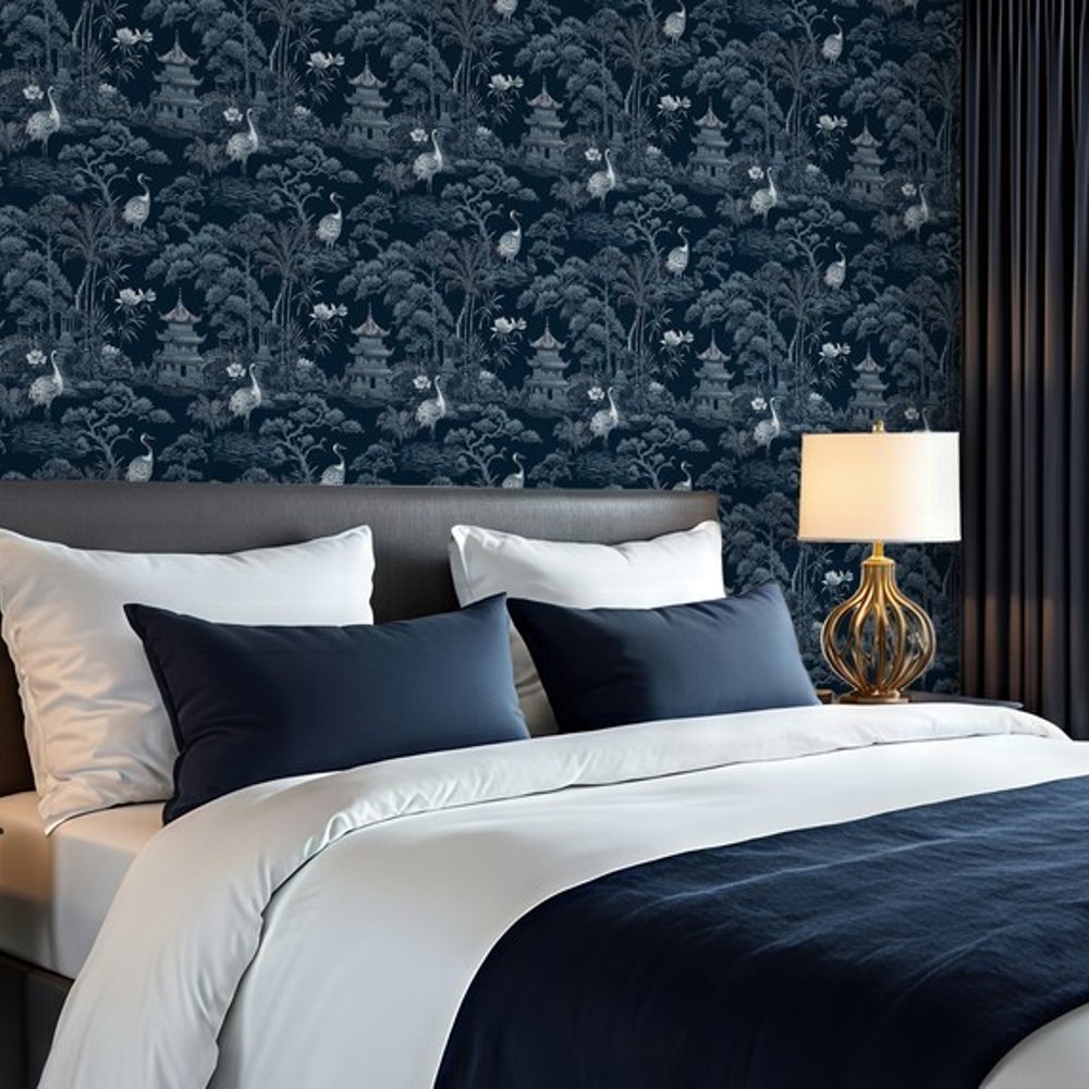 Rami Blue - Wallpaper - Blue - Living room - Birds - Blue Monkey - Non-Woven