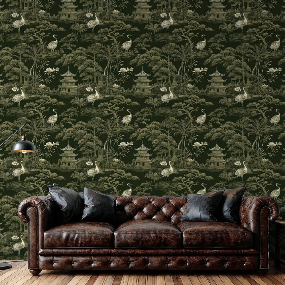 Rami Green - Wallpaper - Green - Bedroom - Birds - Blue Monkey - Non-Woven