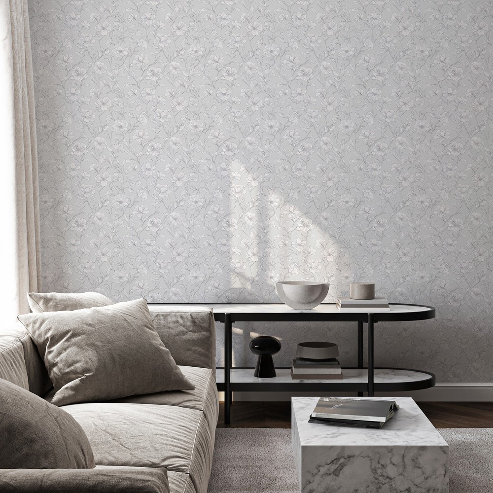Greta Blue - Papiers peints - Gris - Salon - Floral - Palette - Intissé