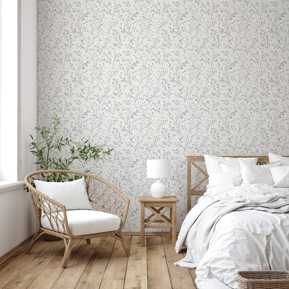 Evy Blue - Papiers peints - Bleu - Chambre - Feuille - Palette - Intissé