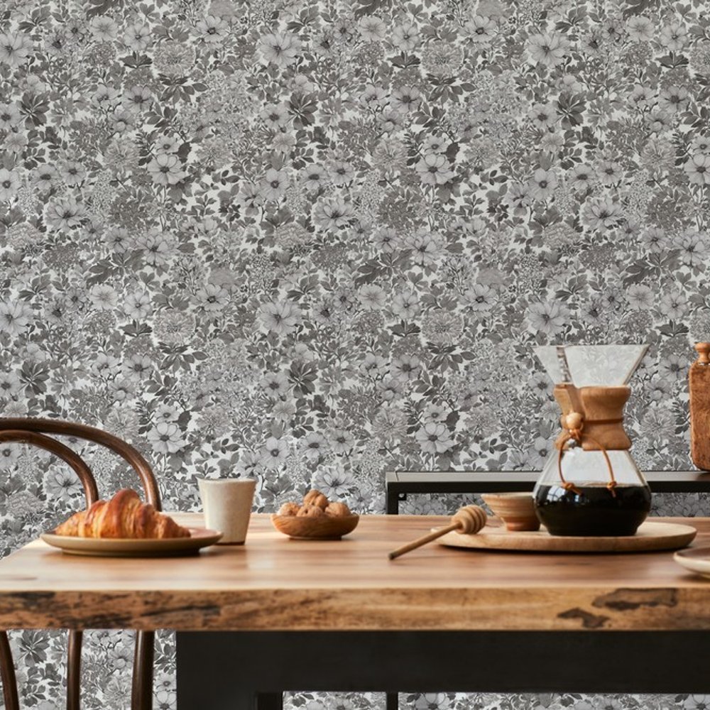 Ilse Grey - Papiers peints - Gris - Cuisine - Floral - Scandza - Intissé