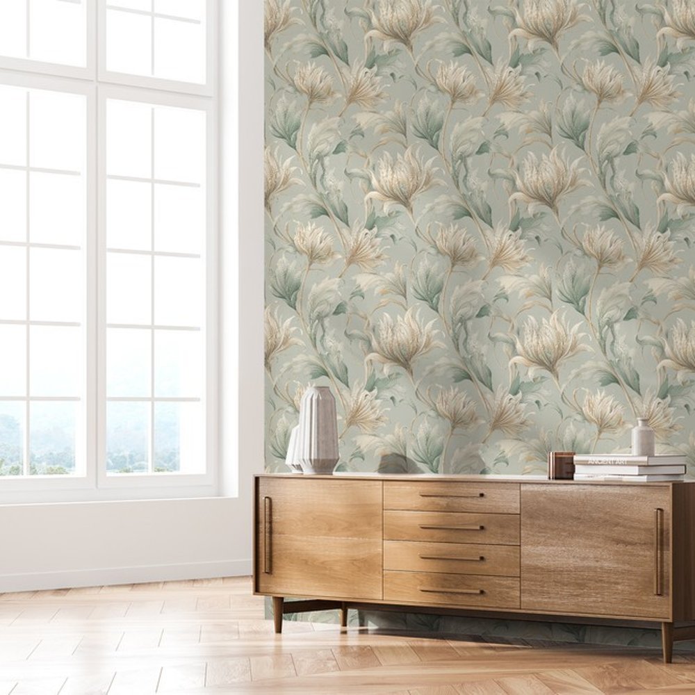 Clemence Green - Tapet - Grøn - Entré - Blomstret - September - Non-Woven