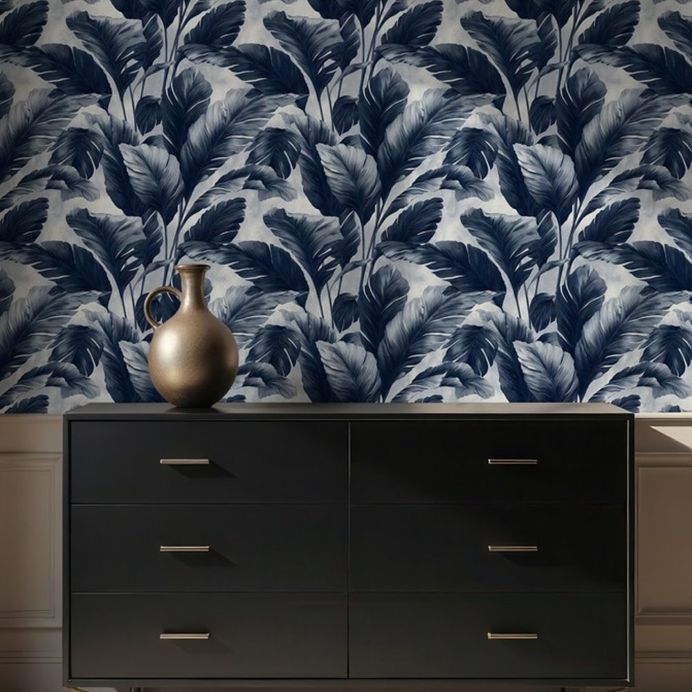 Zaid Blue - Papiers peints - Bleu - Chambre - Feuille - Blue Monkey - Intissé