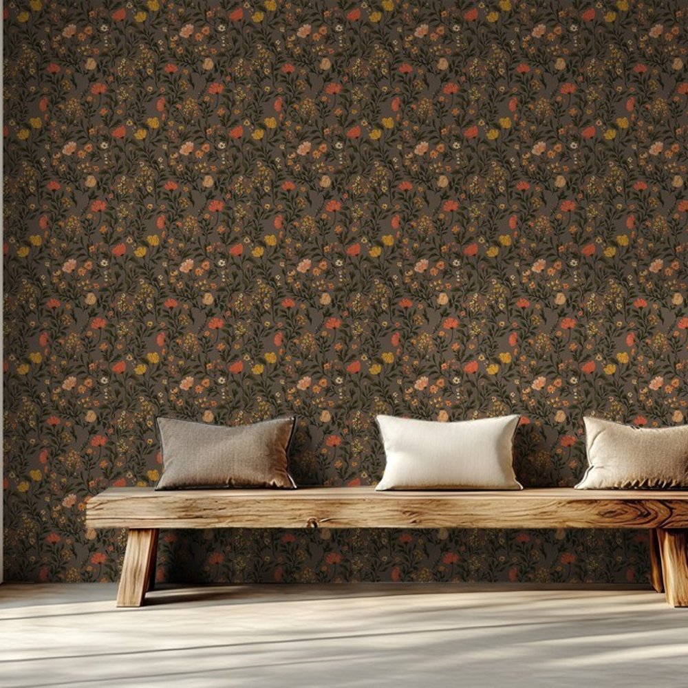 Frideborg Brown - Papiers peints - Marron - Salon - Floral - Scandza - Intissé