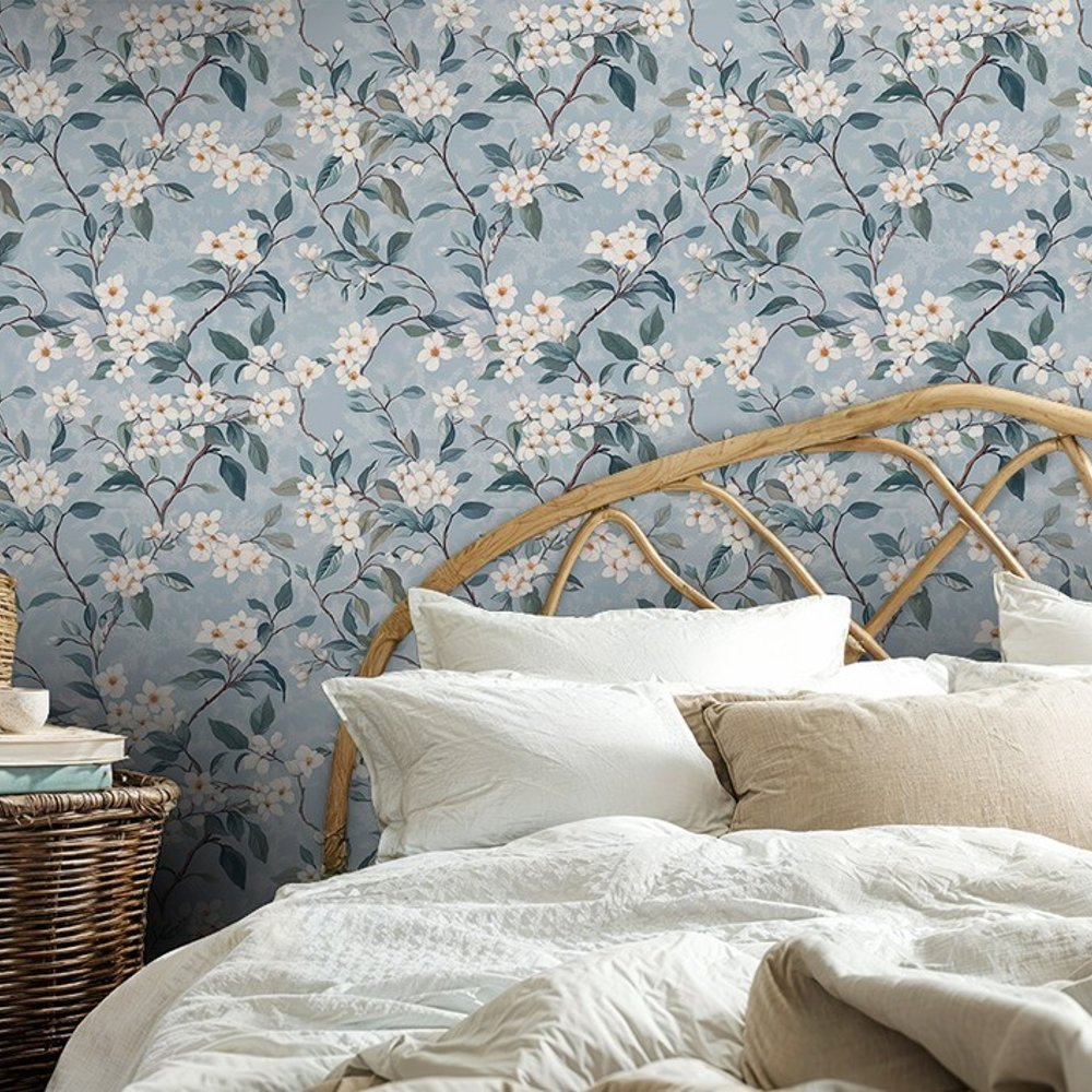 Ingalill Blue - Papiers peints - Gris - Salon - Floral - Scandza - Intissé