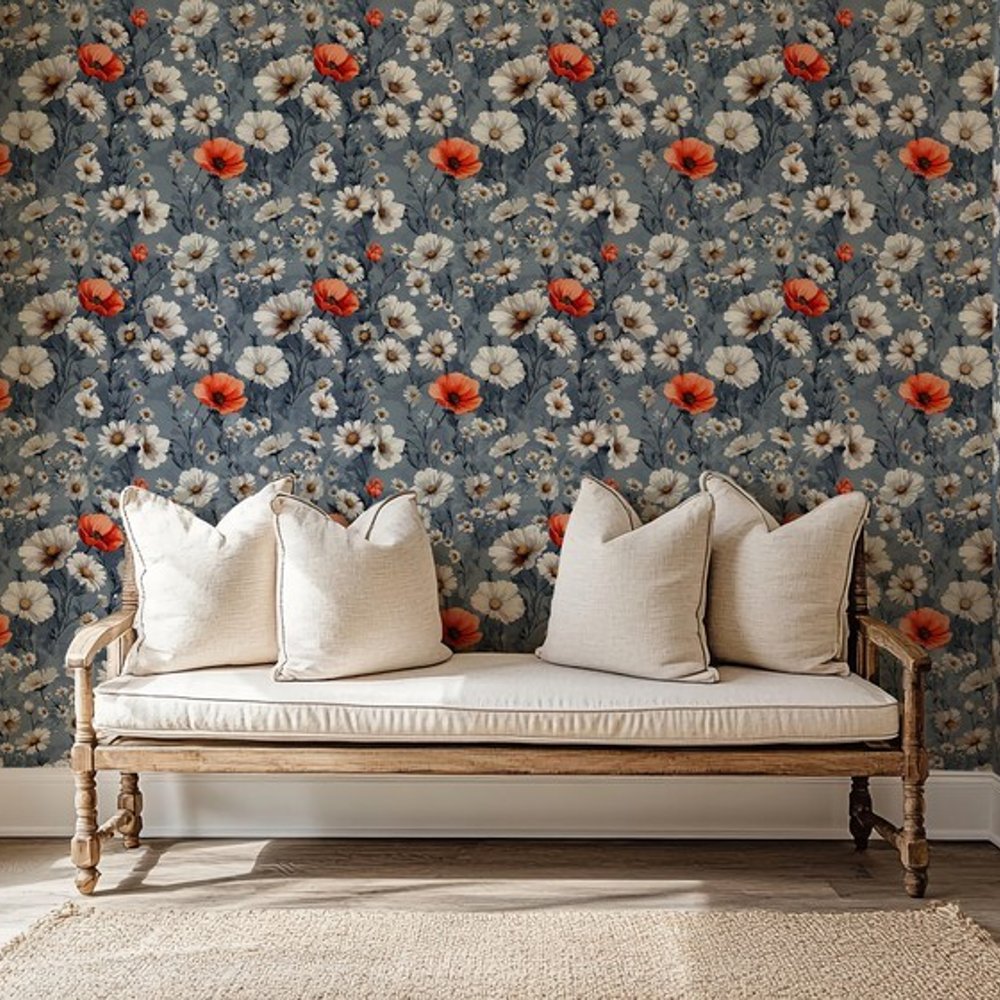 Kirsti dark Blue - Papiers peints - Bleu - Entrée - Floral - Scandza - Intissé