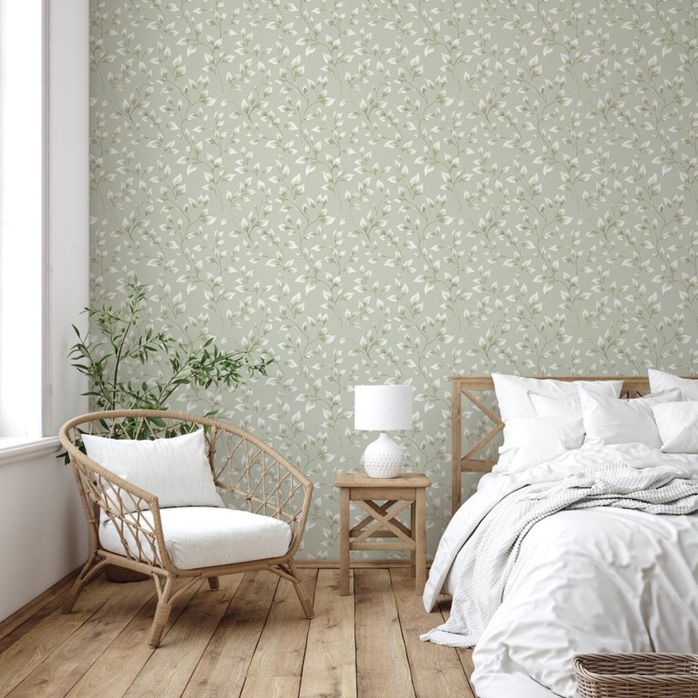 Joakim light Green - Papiers peints - Vert - Salon - Feuille - Scandza - Intissé